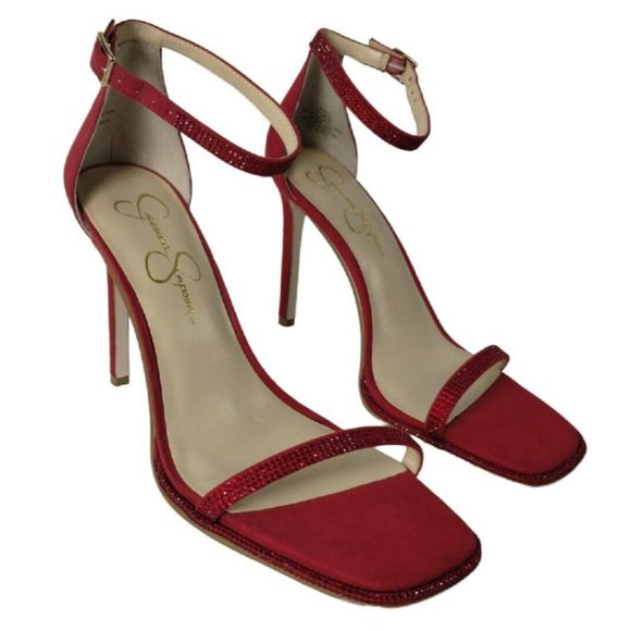 Jessica Simpson Womens 8.5 Ostey Red Rhinestones Ankle Strap 4 inch Heels New - Picture 1 of 16